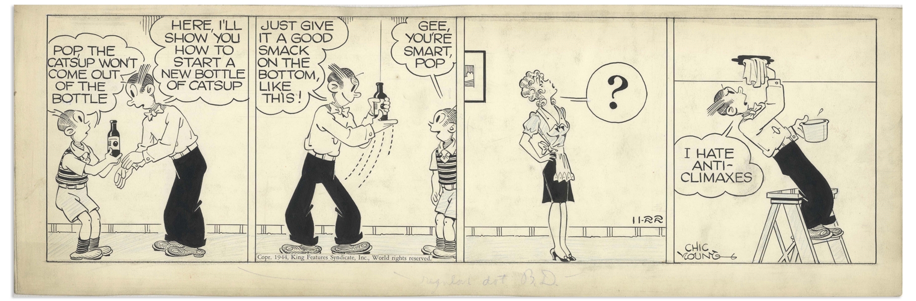 Chic Young Hand-Drawn ''Blondie'' Comic Strip From 1944 Titled ''Ceiling Price on Genius!'' -- Pop Goes the Catsup!